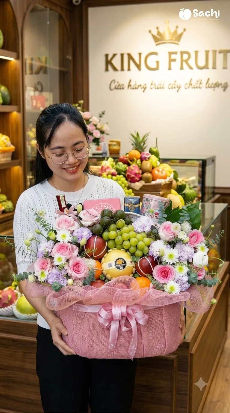 Nhân viên cầm giỏ hoa quả bọc hồng với nho xanh và dưa lưới trước biển King Fruit. — King Fruit huyện Bạch Long Vĩ, Hải Phòng