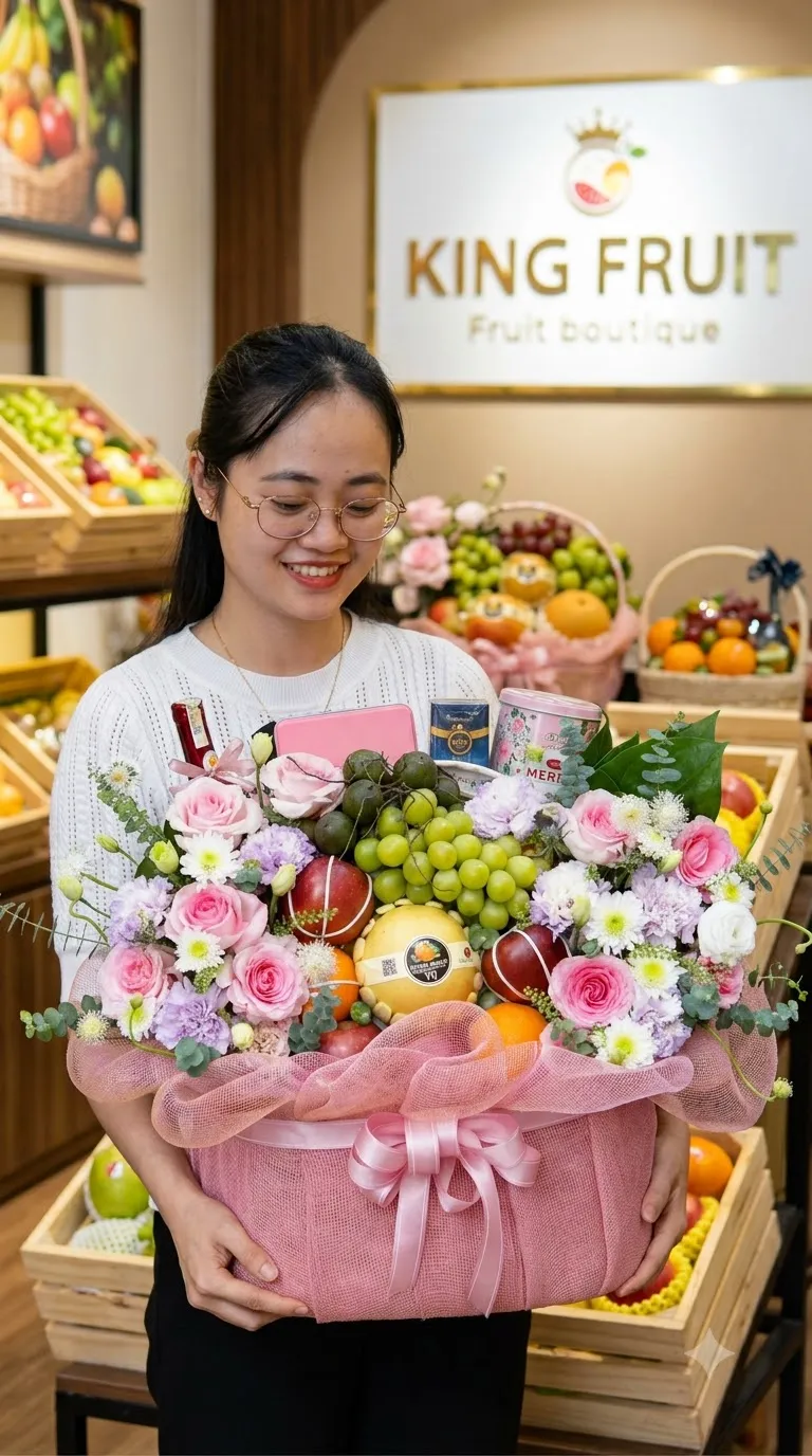 Nhân viên cầm giỏ hoa quả bọc hồng với nho xanh và hoa hồng tại King Fruit Boutique. — King Fruit Cà Mau