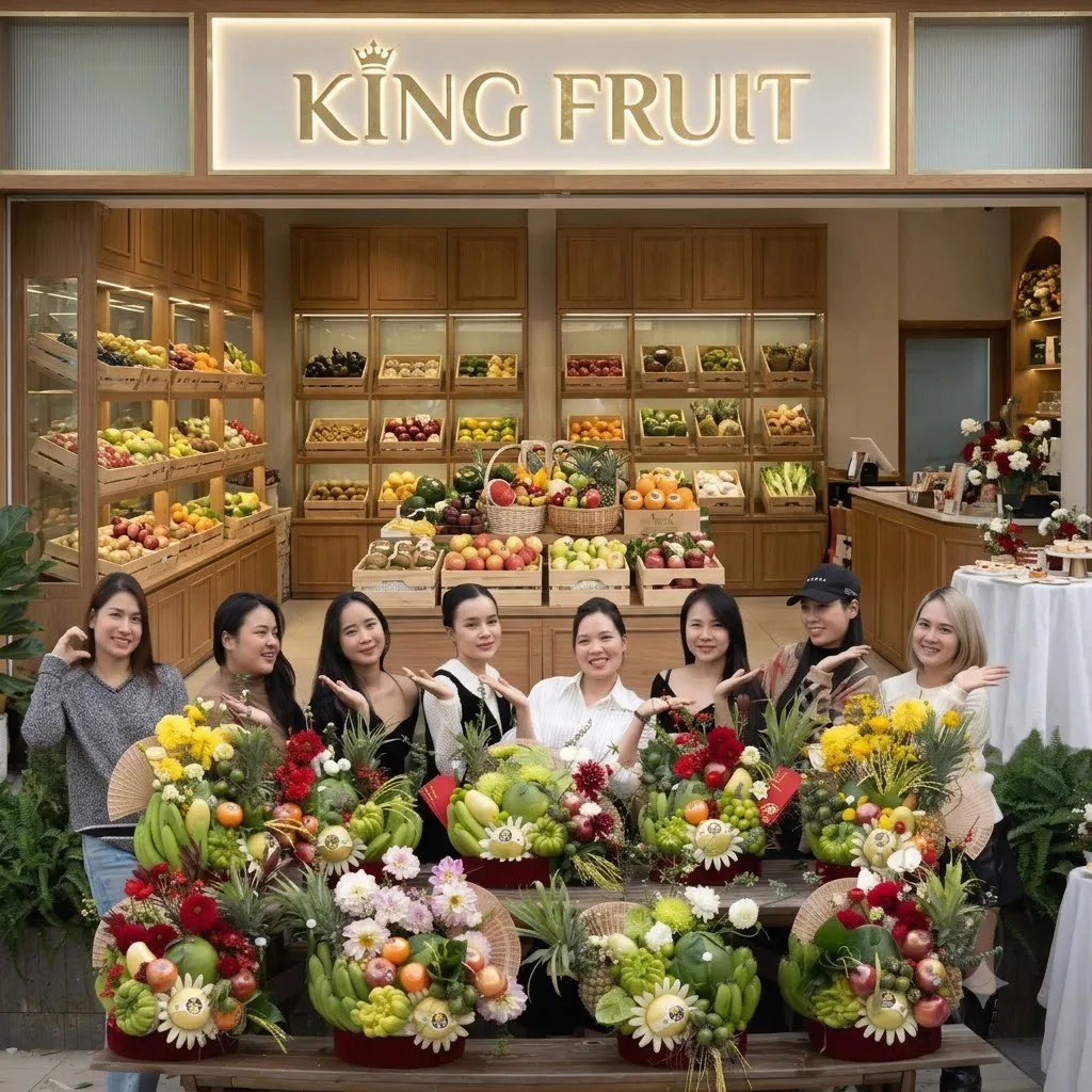 Nhóm nhân viên chụp ảnh cùng các giỏ hoa quả trước cửa hàng King Fruit. — King Fruit Cà Mau