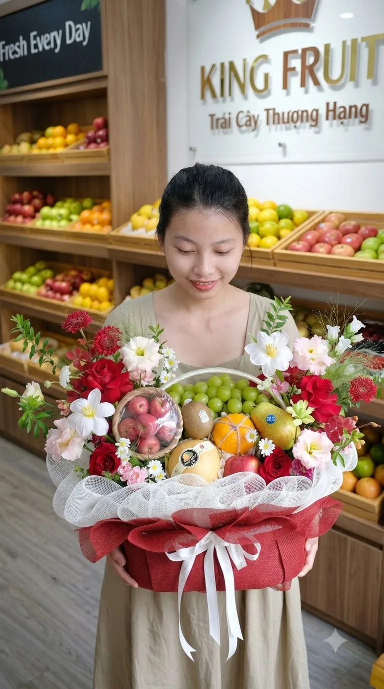 Nhân viên ôm giỏ hoa quả bọc vải đỏ với nho, kiwi và táo tại cửa hàng King Fruit. — King Fruit huyện Tiểu Cần, Trà Vinh