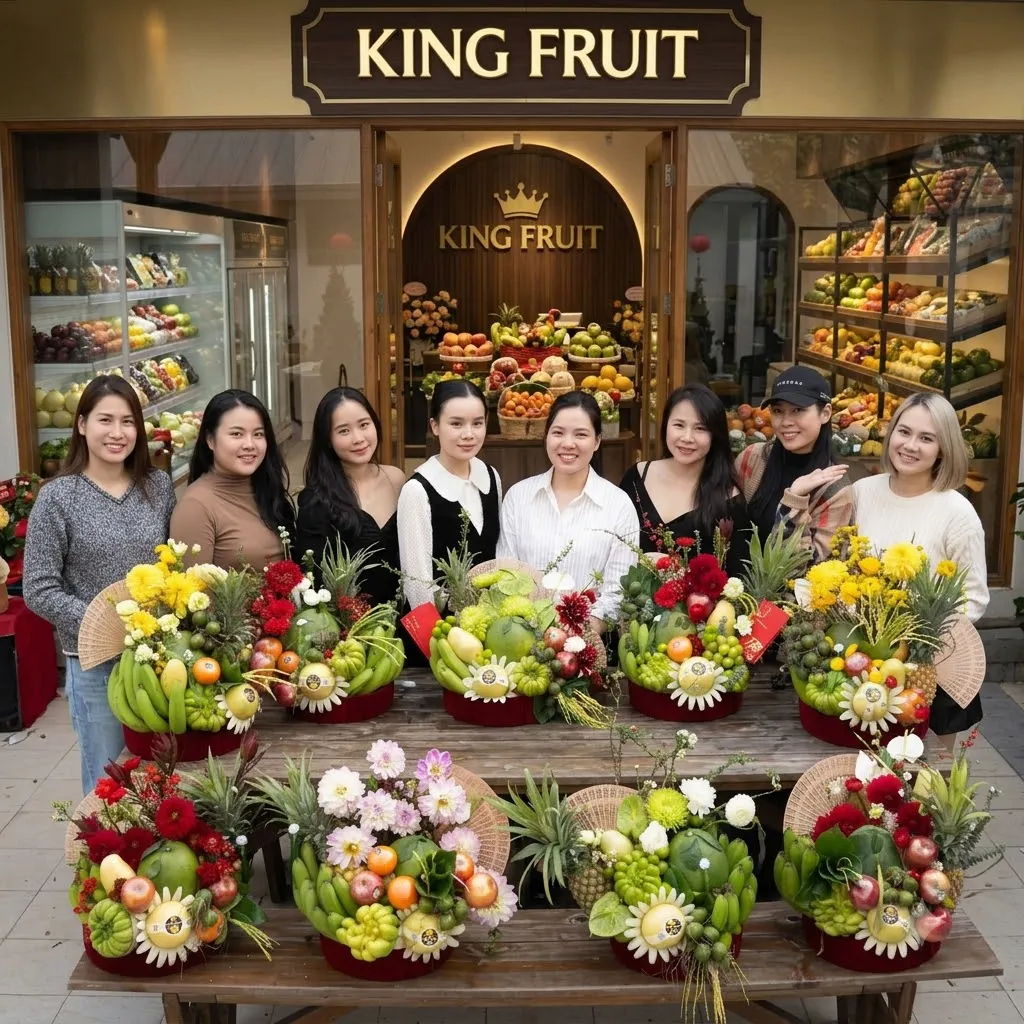 Nhóm nhân viên tạo dáng cùng dãy giỏ hoa quả bày trên bàn trước cửa hàng King Fruit. — King Fruit Tiên Kỳ, Tiên Phước, Quảng Nam