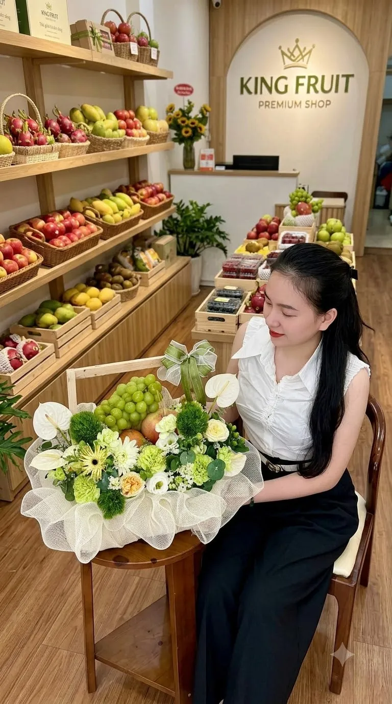 Nhân viên ngồi bên giỏ hoa quả bọc lưới trắng với nho xanh tại cửa hàng King Fruit. — King Fruit Cẩm Lệ Đà Nẵng