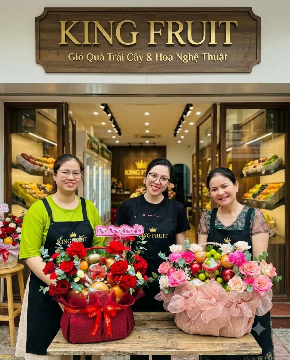 Ba nhân viên đứng trước cửa hàng King Fruit, mỗi người cầm một giỏ hoa quả. — King Fruit thị xã Mường Lay, Điện Biên