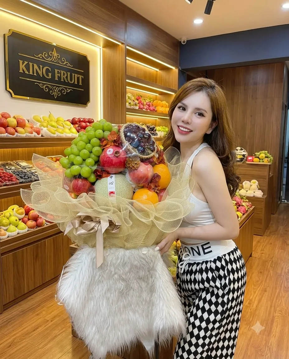 Nhân viên ôm bó hoa quả kết nho xanh, bọc lưới vàng và lông trắng tại King Fruit. — King Fruit huyện Chợ Mới, Bắc Kạn