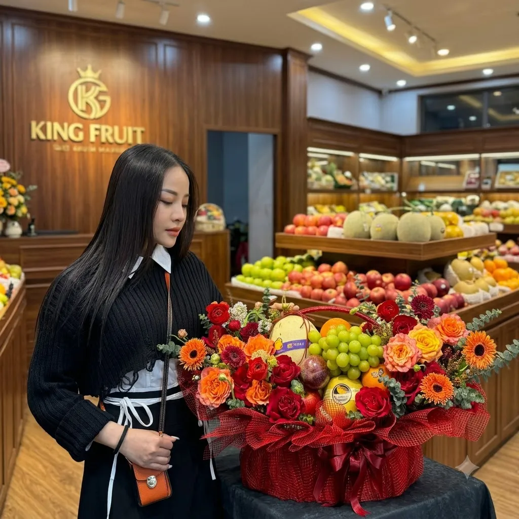Nhân viên đứng cạnh giỏ hoa quả bọc vải đỏ với hoa hồng và cam tại cửa hàng King Fruit. — King Fruit huyện Minh Hóa, Quảng Bình