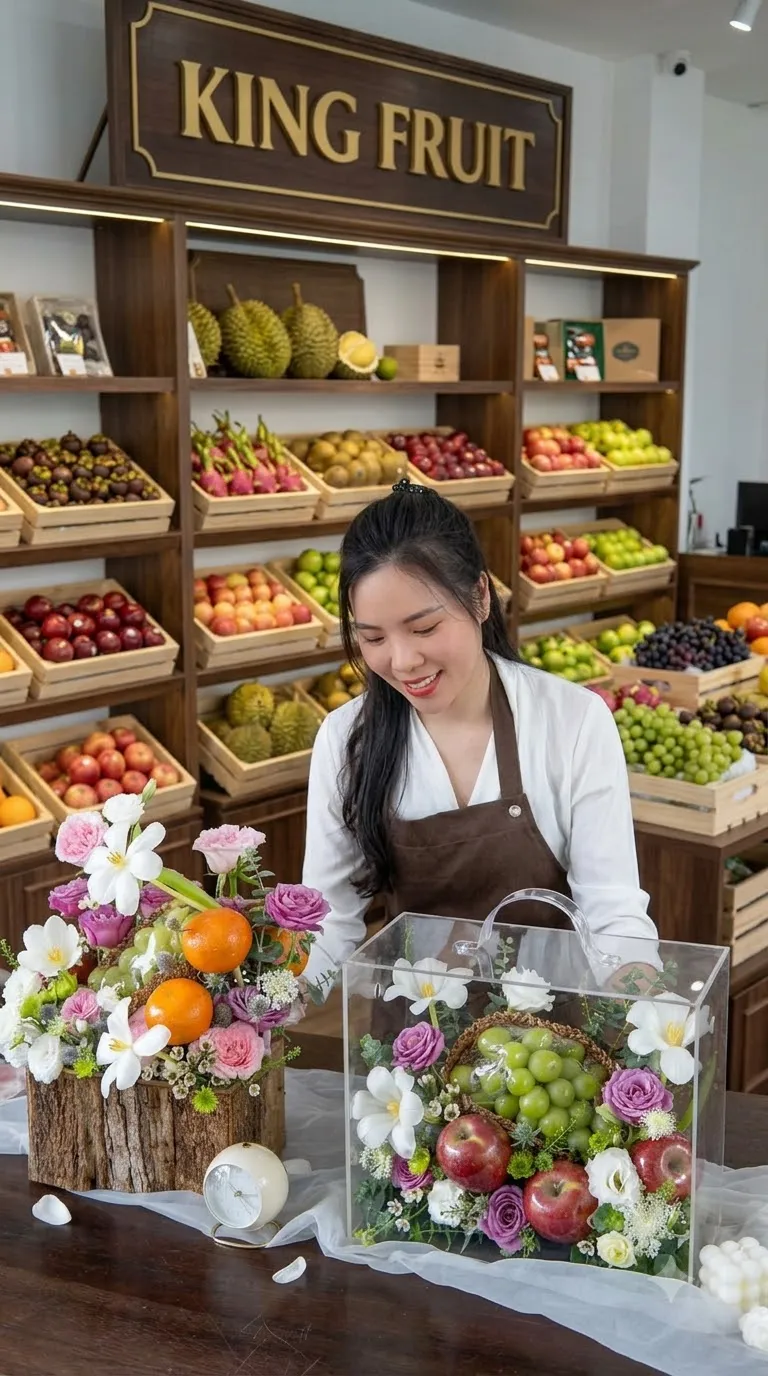 Nhân viên sắp xếp hộp quà trái cây trong suốt với nho và táo tại cửa hàng King Fruit. — King Fruit huyện Quỳnh Nhai, Sơn La