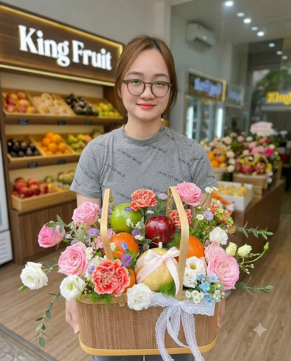 Nhân viên cầm giỏ hoa quả với lựu, cam và hoa cẩm chướng trước biển King Fruit. — King Fruit huyện Chi Lăng, Lạng Sơn
