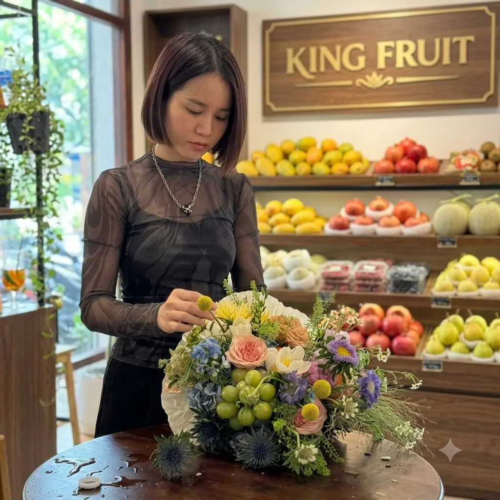 Nhân viên cắm bó hoa tươi trên bàn, phía sau là quầy trái cây của King Fruit. — King Fruit huyện Chi Lăng, Lạng Sơn
