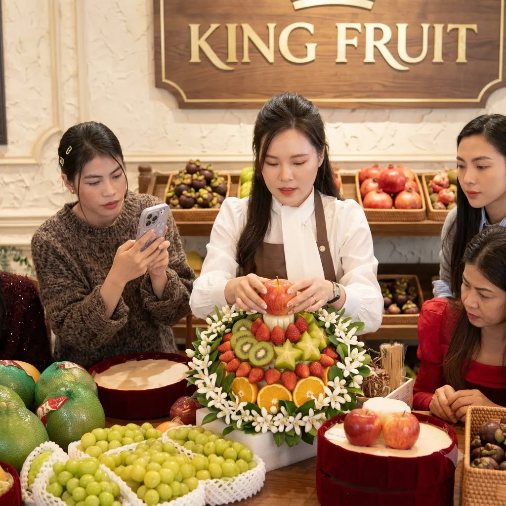 Nhóm nhân viên cùng trang trí đĩa trái cây và hoa tươi tại cửa hàng King Fruit. — King Fruit huyện Chợ Mới, Bắc Kạn
