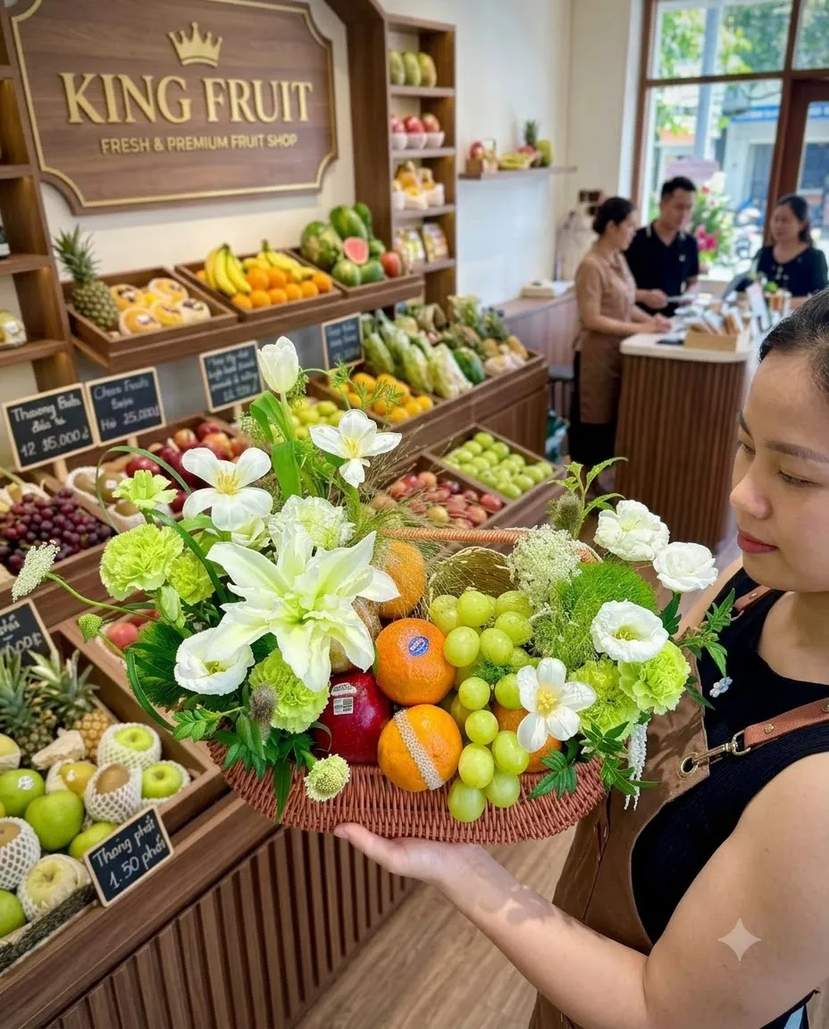 Nhân viên cầm giỏ hoa quả tròn với hoa loa kèn trắng và nho xanh tại King Fruit. — King Fruit huyện Đà Bắc, Hoà Bình