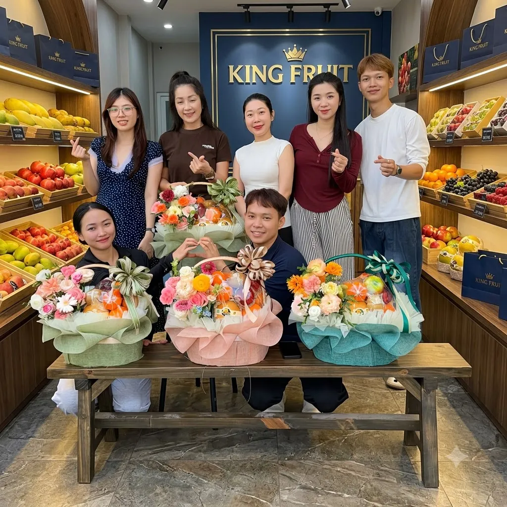 Nhóm nhân viên đứng sau ba giỏ hoa quả bày trên bàn gỗ tại cửa hàng King Fruit. — King Fruit Tân Phú Đông, Tiền Giang