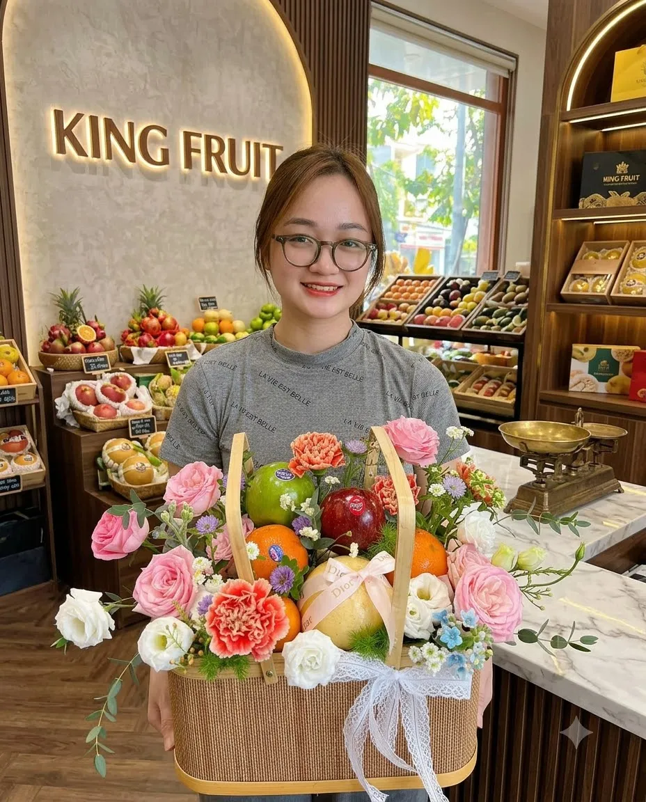 Nhân viên cầm giỏ hoa quả với quýt, dưa lưới và hoa cẩm chướng tại King Fruit. — King Fruit thành phố Thuận An, Bình Dương