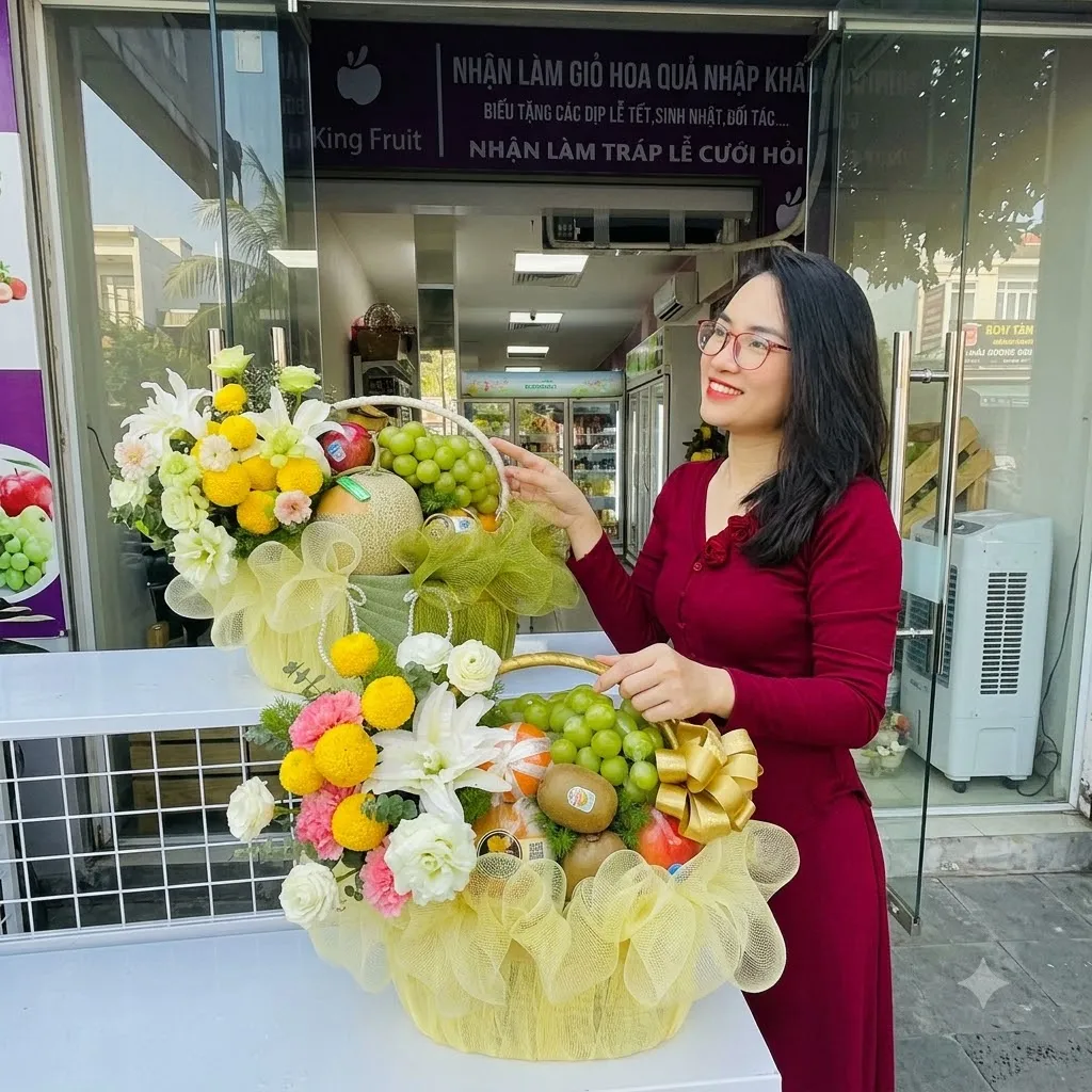 Nhân viên áo dài đỏ sắp xếp giỏ hoa quả với dưa lưới và nho trước cửa hàng King Fruit. — King Fruit Quảng Ngãi