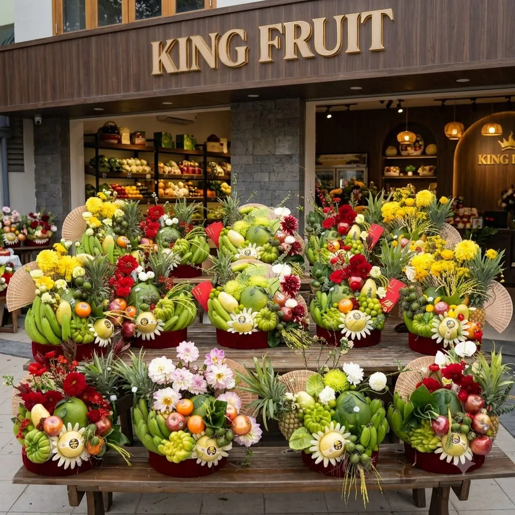 Mặt tiền cửa hàng King Fruit với nhiều giỏ hoa trái cây bày trên bậc gỗ ngoài sân — King Fruit huyện Tuy Phong, Bình Thuận
