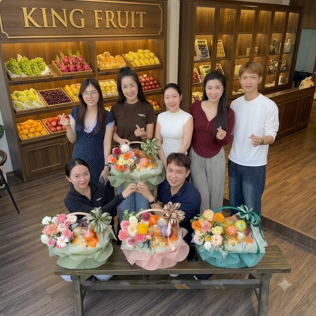 Nhóm nhân viên chụp ảnh cùng ba giỏ hoa quả trên bàn gỗ tại cửa hàng King Fruit — King Fruit huyện Tân Kỳ, Nghệ An