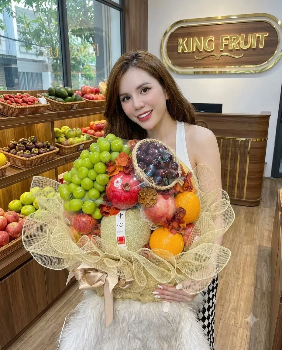 Khách hàng ôm bó hoa quả nho xanh và lựu bọc lưới trước biển hiệu King Fruit — King Fruit Cầu Giấy Hà Nội