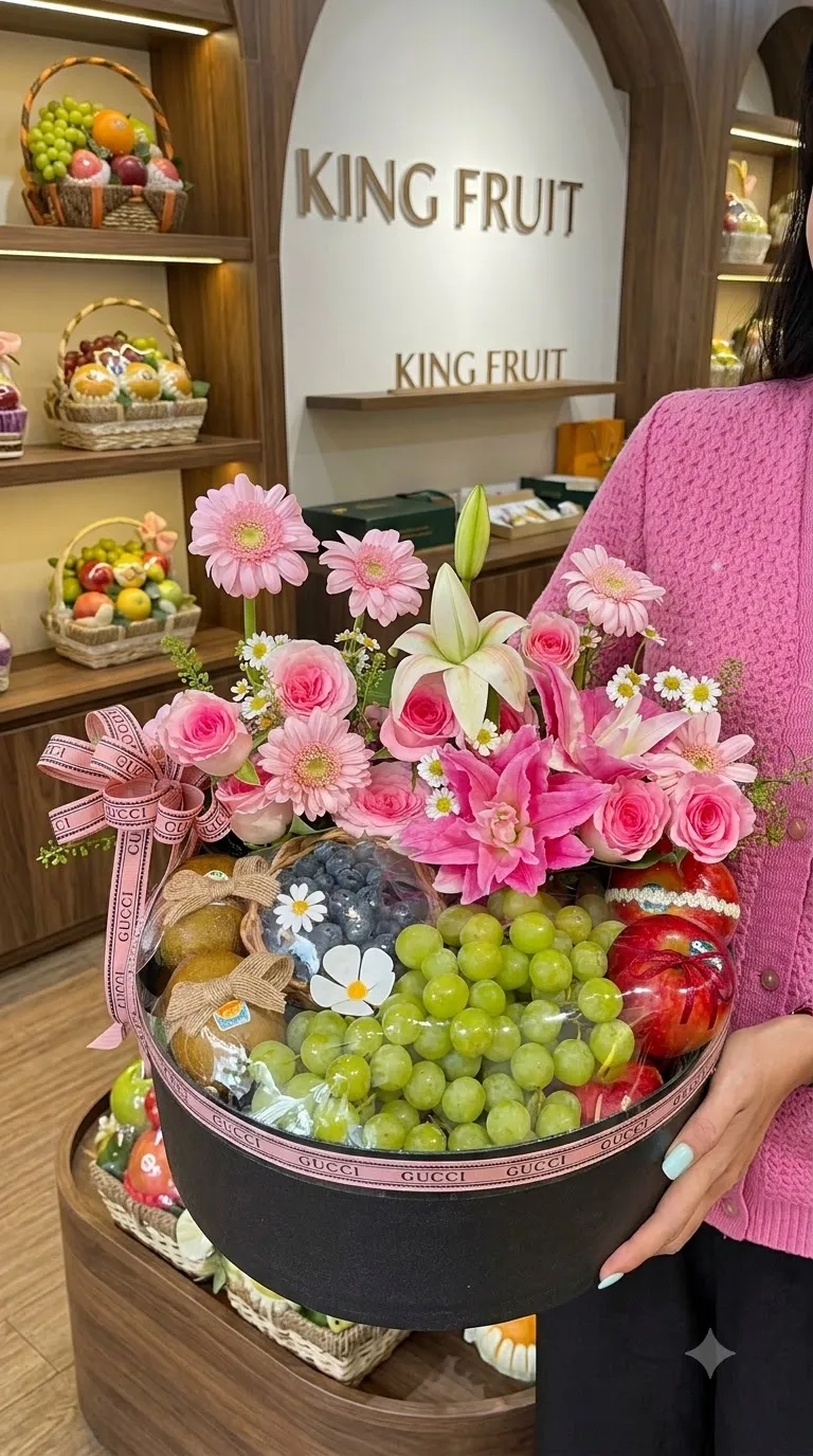 Nhân viên cầm giỏ quà tròn có hoa hồng cẩm chướng và nho xanh tại cửa hàng King Fruit — King Fruit thị xã Tân Uyên, Bình Dương
