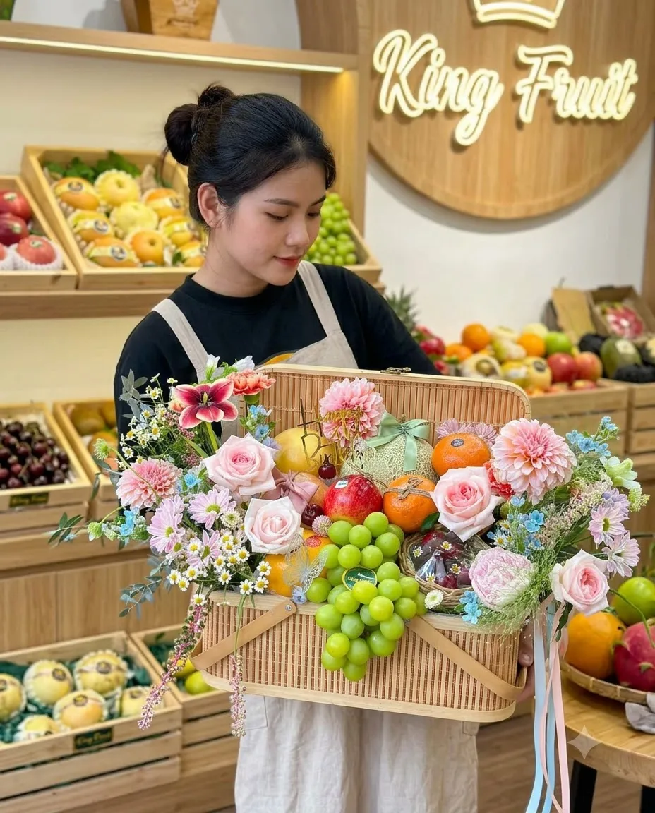 Nhân viên bê giỏ mây đựng nho xanh và hoa tươi trước biển hiệu King Fruit — King Fruit huyện Như Thanh, Thanh Hoá