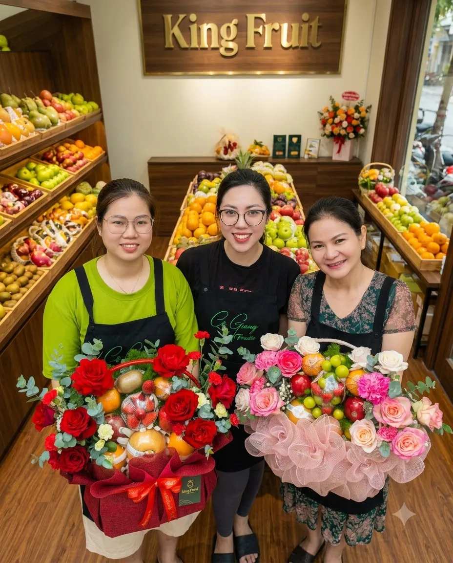 Ba nhân viên đứng cùng hai giỏ hoa trái cây màu đỏ và hồng tại cửa hàng King Fruit — King Fruit Cầu Giấy Hà Nội