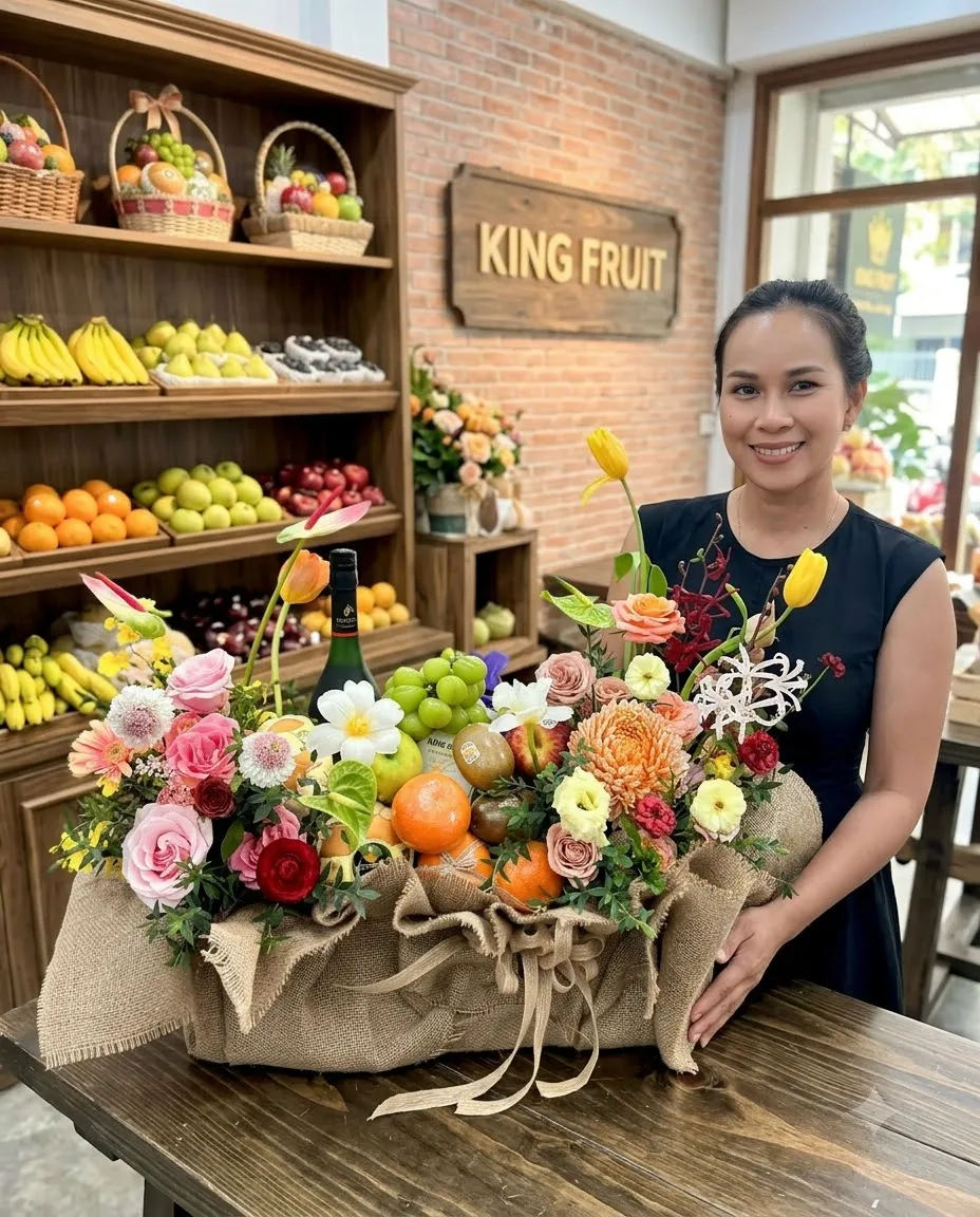 Nhân viên đứng cạnh giỏ trái cây bọc bao tải có rượu vang và hoa tại King Fruit — King Fruit Trần Văn Thời, Cà Mau