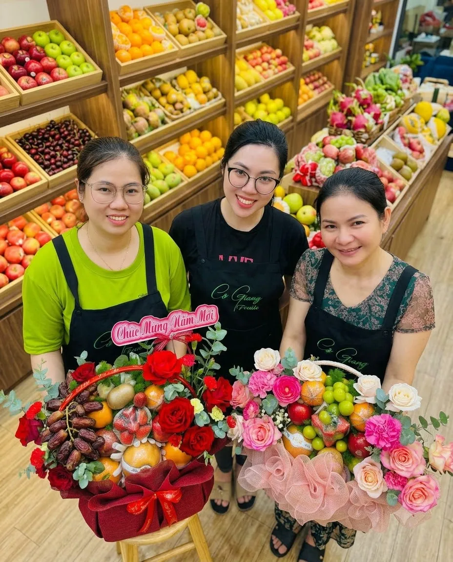 Ba nhân viên mặc tạp dề cầm hai giỏ hoa trái cây đỏ và hồng trong cửa hàng trái cây — King Fruit Vĩnh Thạnh, Bình Định