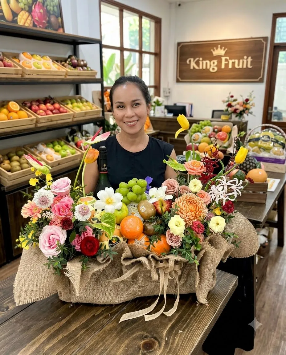 Nhân viên đứng cạnh giỏ hoa trái cây bọc bao tải trước biển hiệu King Fruit — King Fruit Tuy Hoà, Phú Yên