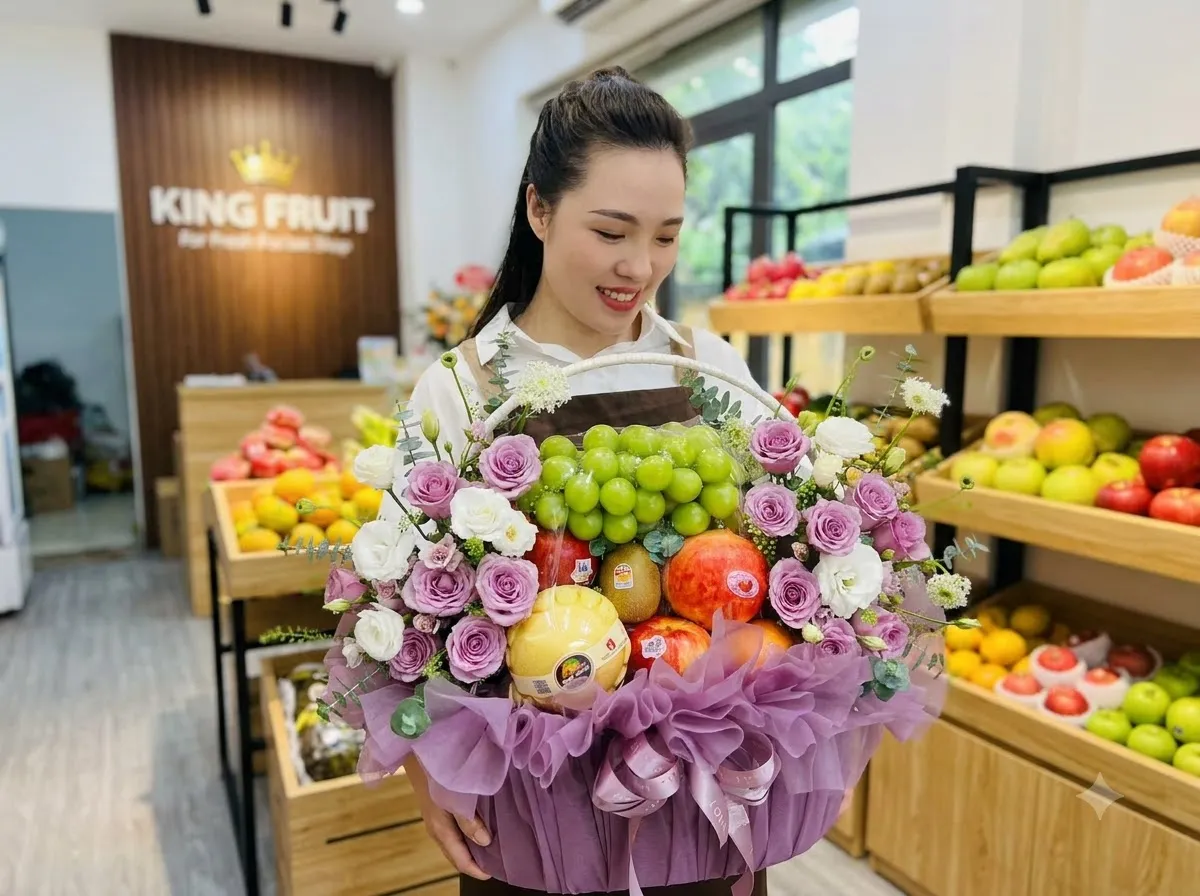 Nhân viên cầm giỏ trái cây bọc lưới tím có nho xanh và lựu tại cửa hàng King Fruit — King Fruit Quảng Ngãi