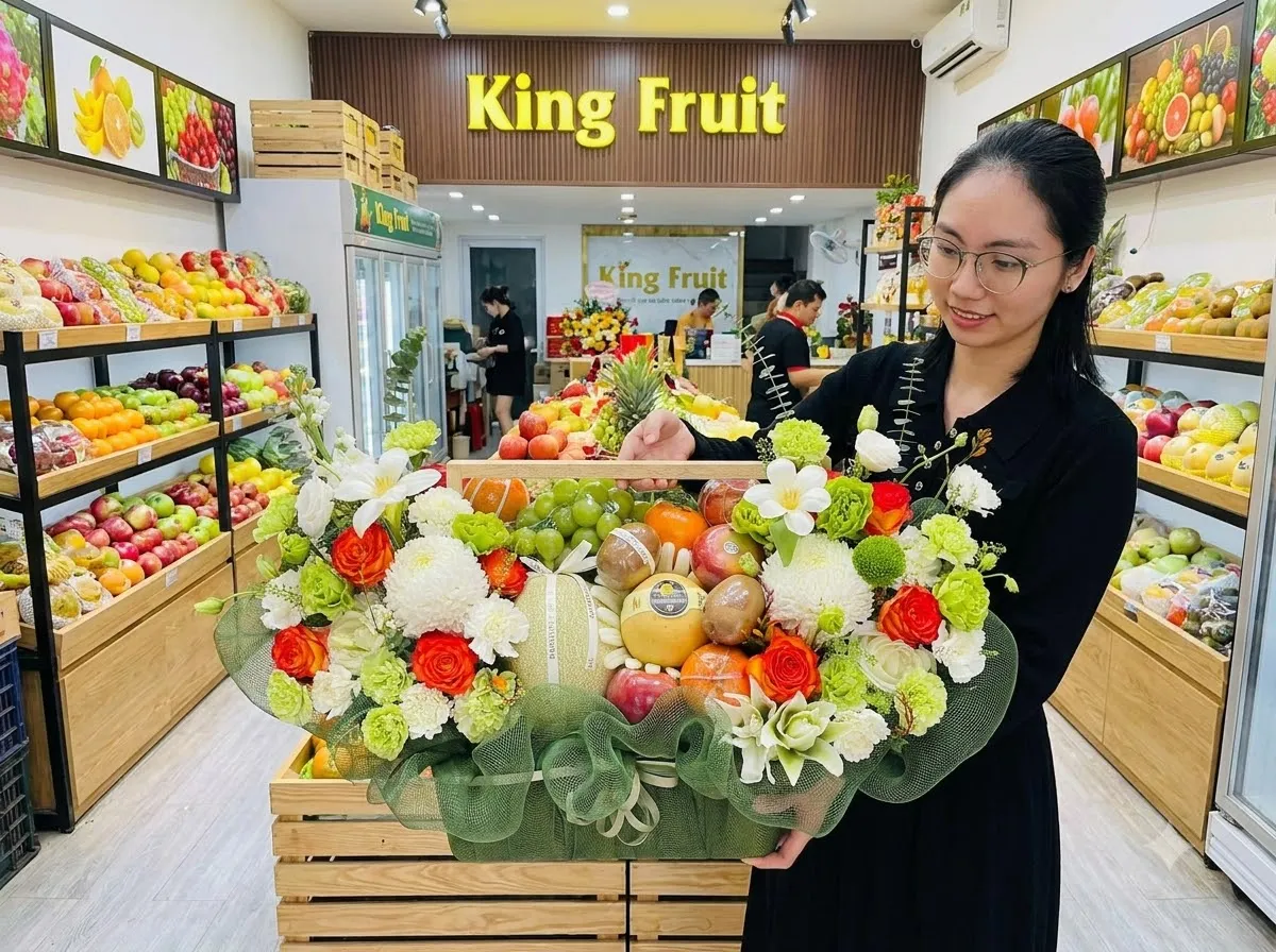 Nhân viên chỉnh giỏ hoa trái cây bọc lưới xanh trong lối đi cửa hàng King Fruit — King Fruit Tân Sơn, Phú Thọ