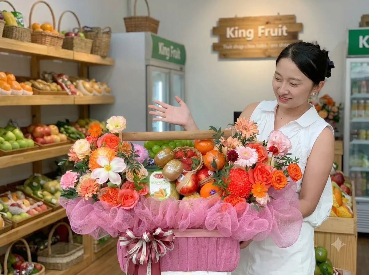 Nhân viên cầm giỏ hoa trái cây bọc lưới hồng cạnh biển hiệu King Fruit — King Fruit Trần Văn Thời, Cà Mau