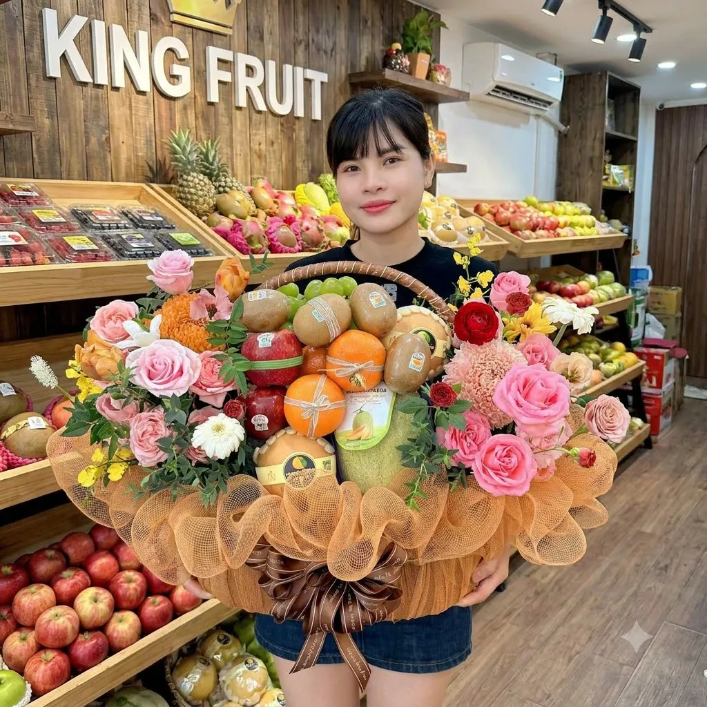 Nhân viên ôm giỏ hoa trái cây bọc lưới cam có kiwi và lựu trước biển hiệu King Fruit — King Fruit thành phố Thuận An, Bình Dương