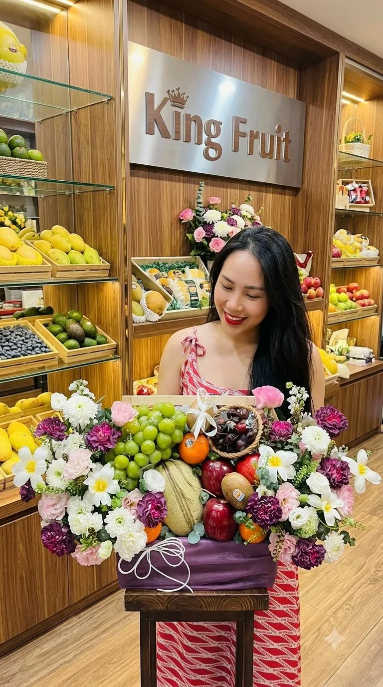Nhân viên đứng cạnh giỏ trái cây bọc vải tím có nho và dừa tại cửa hàng King Fruit — King Fruit huyện Ngọc Hồi, Kon Tum