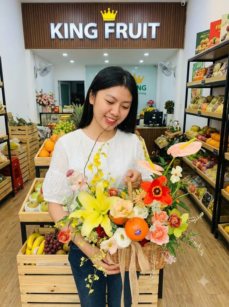 Nhân viên cầm giỏ mây hoa tươi và trái cây trong cửa hàng King Fruit — King Fruit huyện An Lão, Hải Phòng