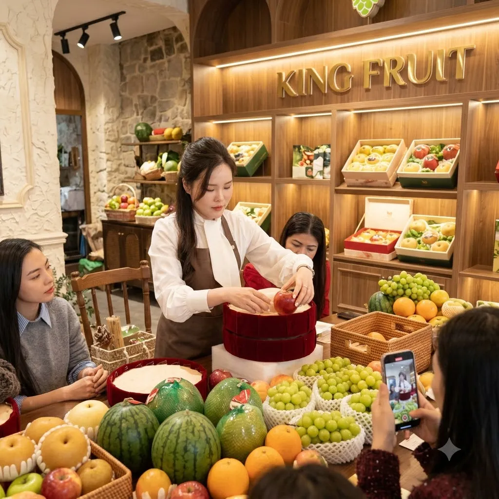 Nhân viên chuẩn bị giỏ quà bên bàn đầy dưa hấu, cam và nho tại cửa hàng King Fruit — King Fruit Thanh Xuân Hà Nội