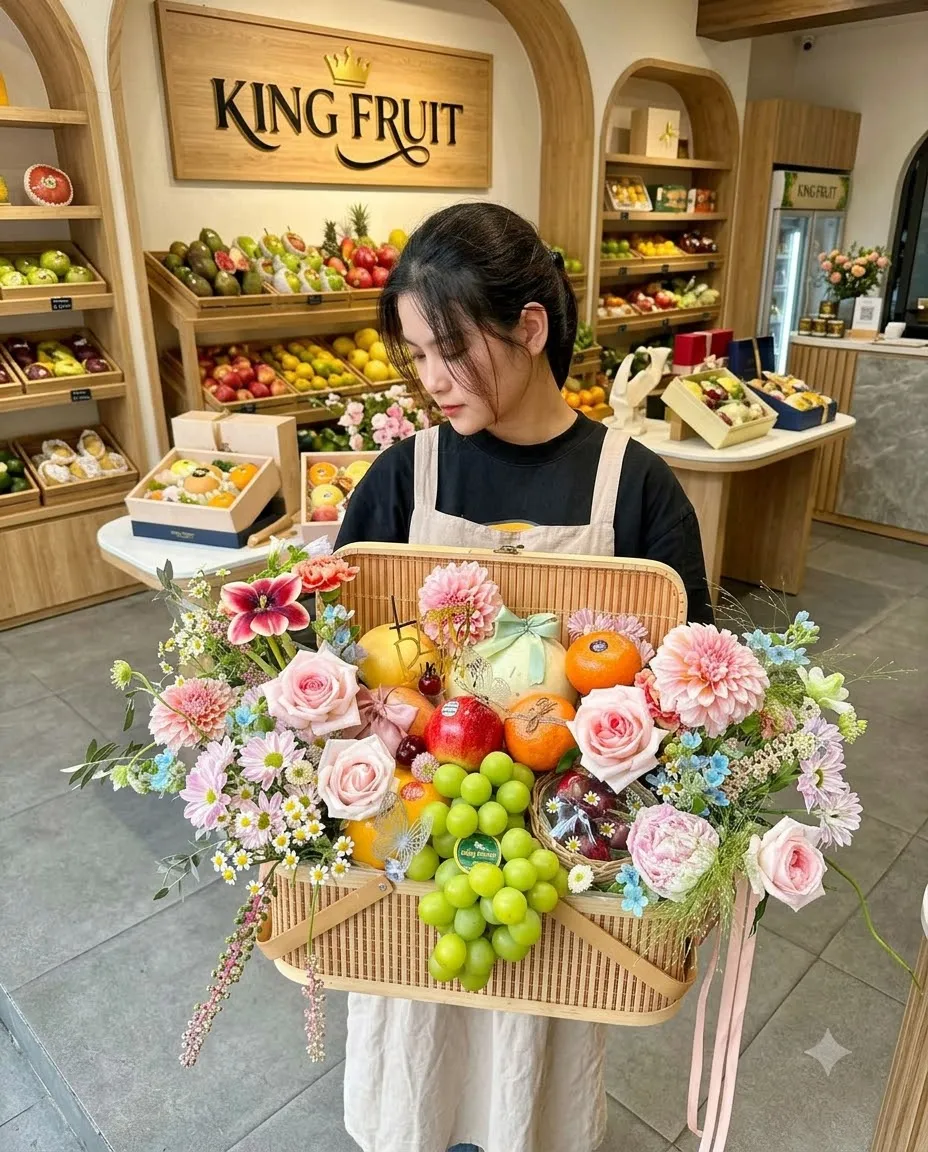 Nhân viên cầm giỏ mây hoa hồng và trái cây tươi tại cửa hàng King Fruit — King Fruit huyện Na Rì, Bắc Kạn