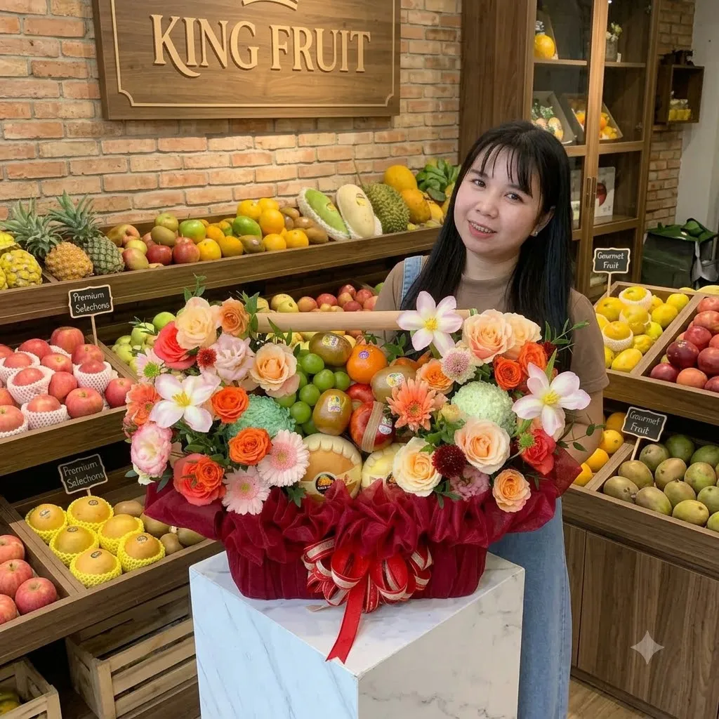 Nhân viên đứng cạnh giỏ quà bọc nhung đỏ có hoa cam và hồng tại cửa hàng King Fruit — King Fruit huyện Đại Từ, Thái Nguyên