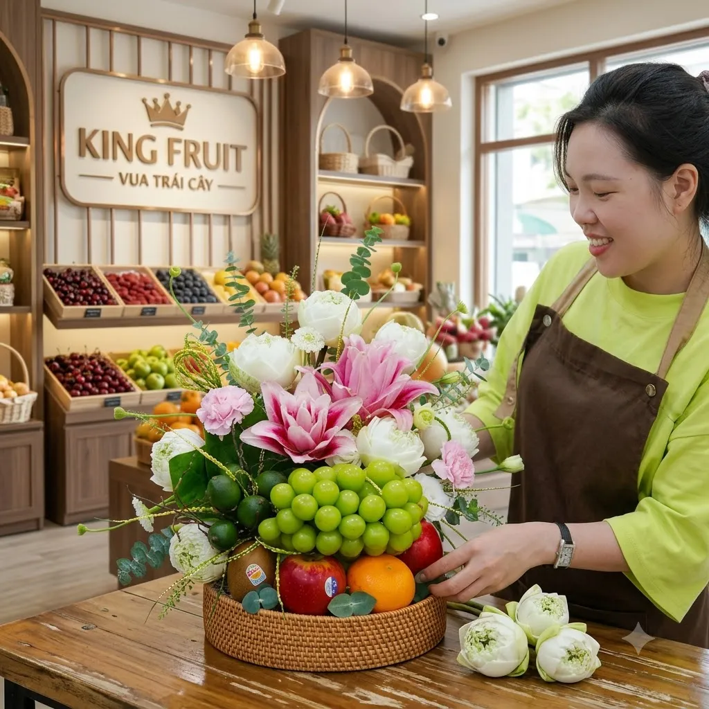 Nhân viên cắm giỏ trái cây có nho xanh và hoa loa kèn tại cửa hàng King Fruit — King Fruit Vụ Bản, Nam Định