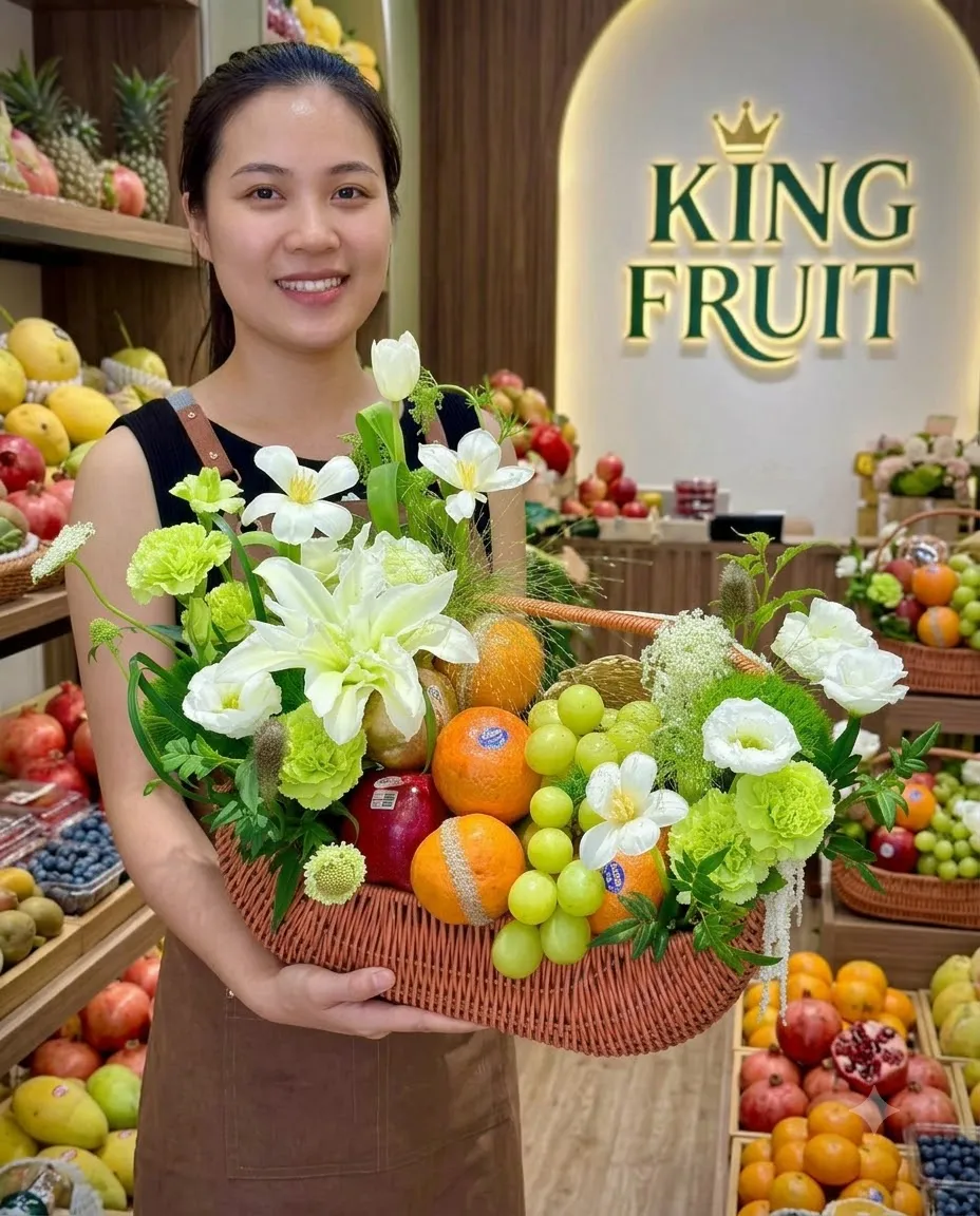 Nhân viên cầm giỏ mây trái cây có cam, nho xanh và hoa trắng tại cửa hàng King Fruit — King Fruit huyện Quỳnh Nhai, Sơn La