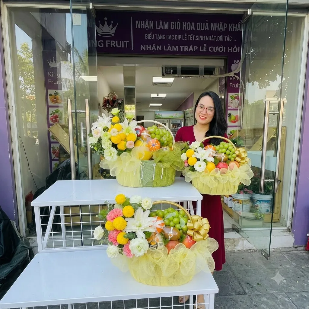 Nhân viên đứng cạnh ba giỏ hoa trái cây bọc lưới vàng trước cửa hàng King Fruit — King Fruit huyện Chợ Mới, Bắc Kạn