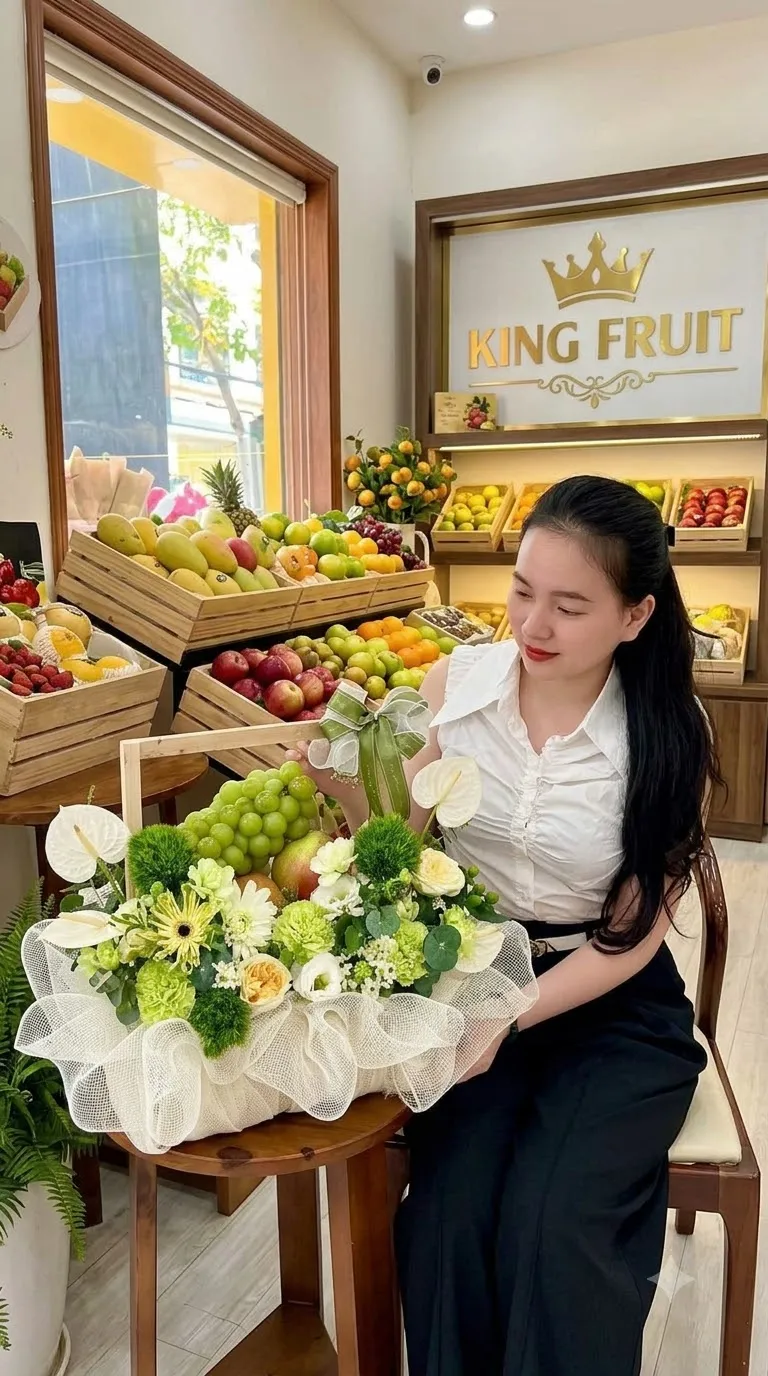 Nhân viên ngồi cạnh giỏ hoa trái cây bọc lưới trắng tại cửa hàng King Fruit — King Fruit Quảng Ngãi