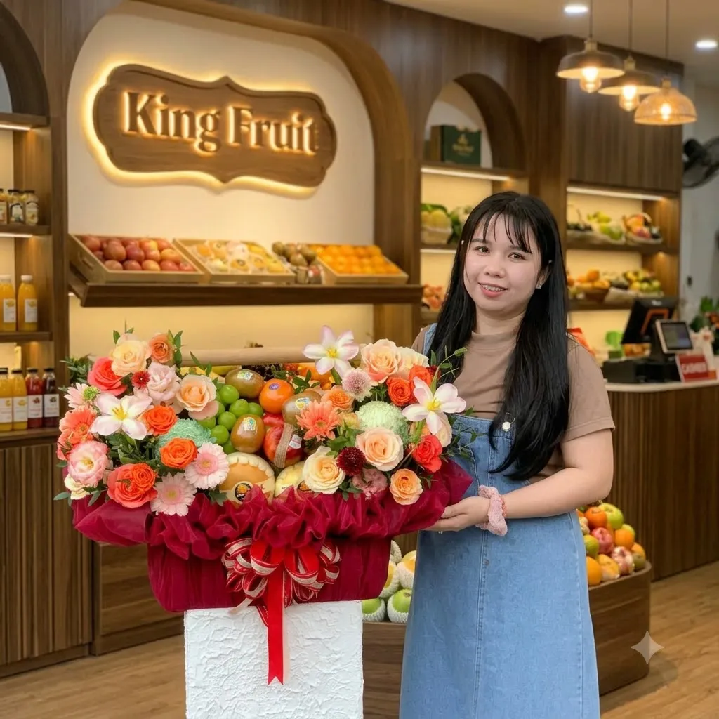 Nhân viên đứng cạnh giỏ hoa trái cây bọc lưới đỏ tại cửa hàng King Fruit — King Fruit Đà Lạt, Lâm Đồng