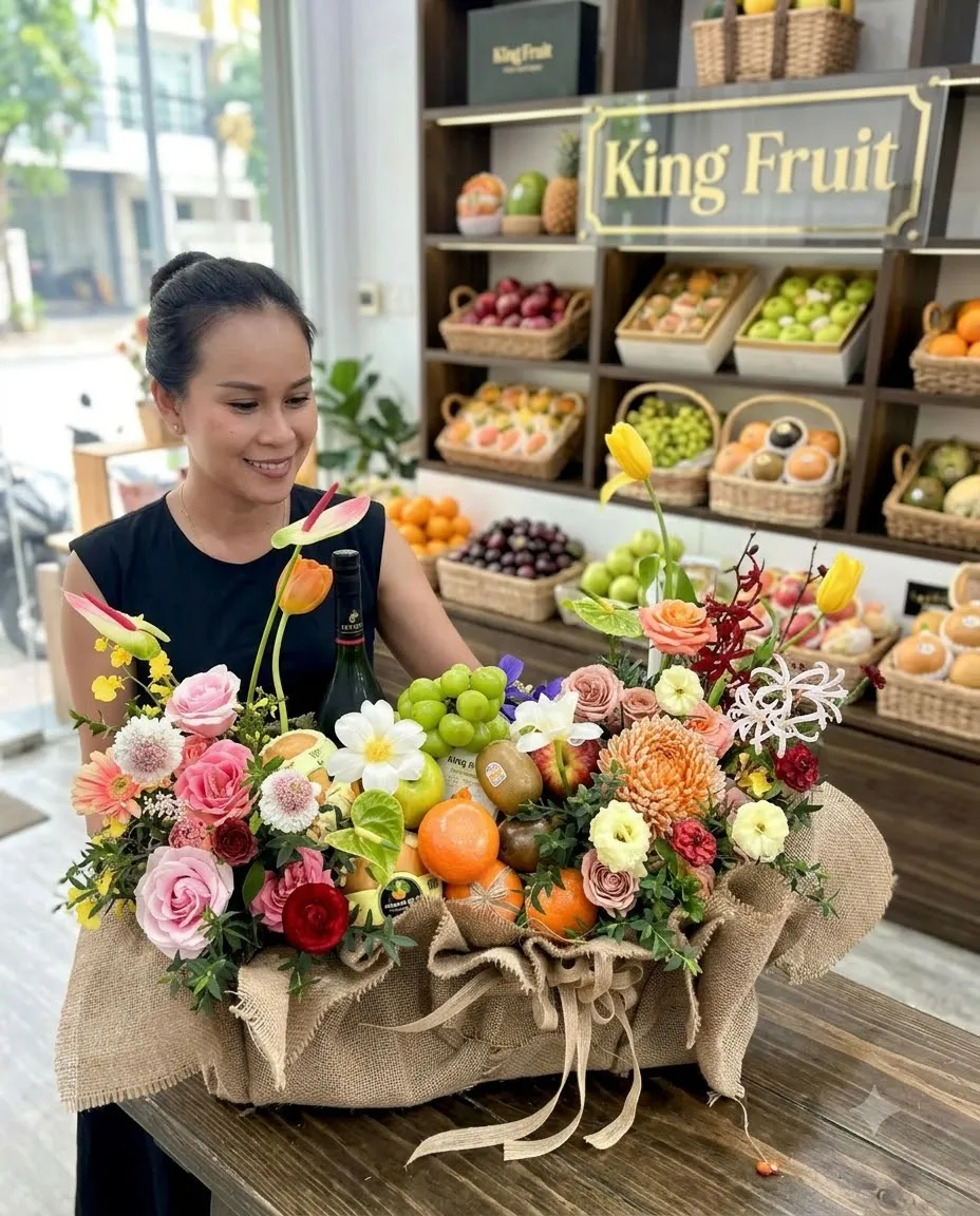Nhân viên đứng cạnh giỏ hoa trái cây bọc bao tải và rượu vang tại King Fruit — King Fruit Đà Lạt, Lâm Đồng