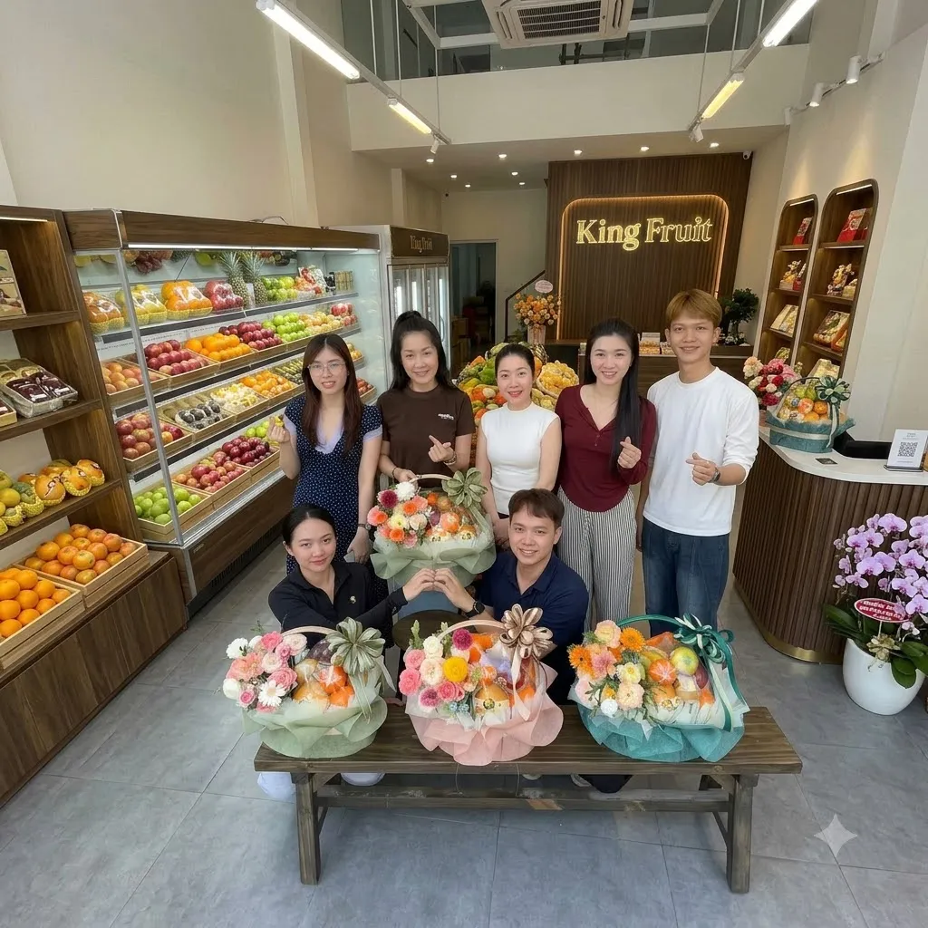 Nhóm nhân viên chụp ảnh cùng bốn giỏ hoa trái cây trong cửa hàng King Fruit — King Fruit Đà Lạt, Lâm Đồng