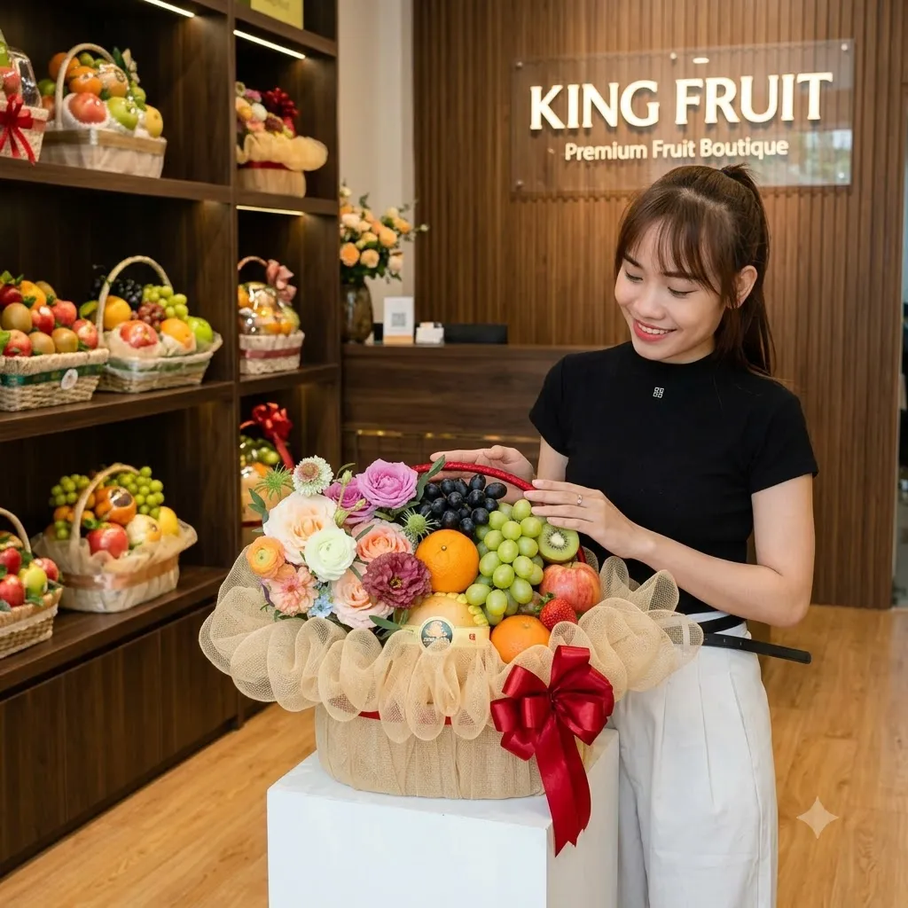 Nhân viên cầm giỏ trái cây tròn bọc lưới be có nho xanh và cam tại King Fruit — King Fruit Đà Lạt, Lâm Đồng