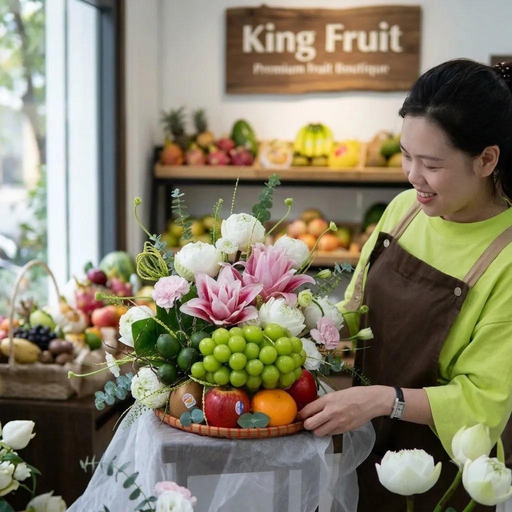 Nhân viên chỉnh giỏ trái cây tròn có nho xanh, táo và hoa tại cửa hàng King Fruit — King Fruit thị xã Mường Lay, Điện Biên