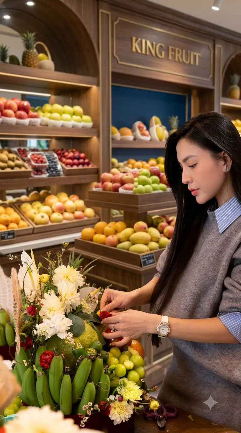 Nhân viên cắm bó trái cây chuối xanh và bưởi kèm hoa tại cửa hàng King Fruit — King Fruit huyện Như Thanh, Thanh Hoá