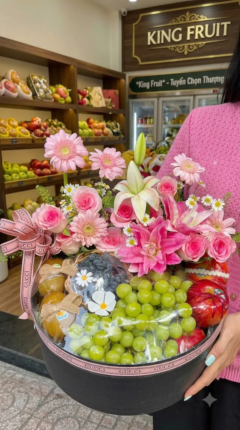 Nhân viên cầm giỏ quà tròn có hoa hồng và nho xanh tại cửa hàng King Fruit — King Fruit Hải Dương