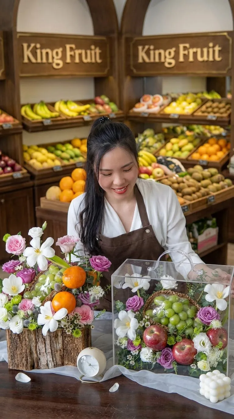 Nhân viên cắm hai hộp hoa trái cây có nho xanh và táo đỏ tại cửa hàng King Fruit — King Fruit huyện Tuy Phong, Bình Thuận