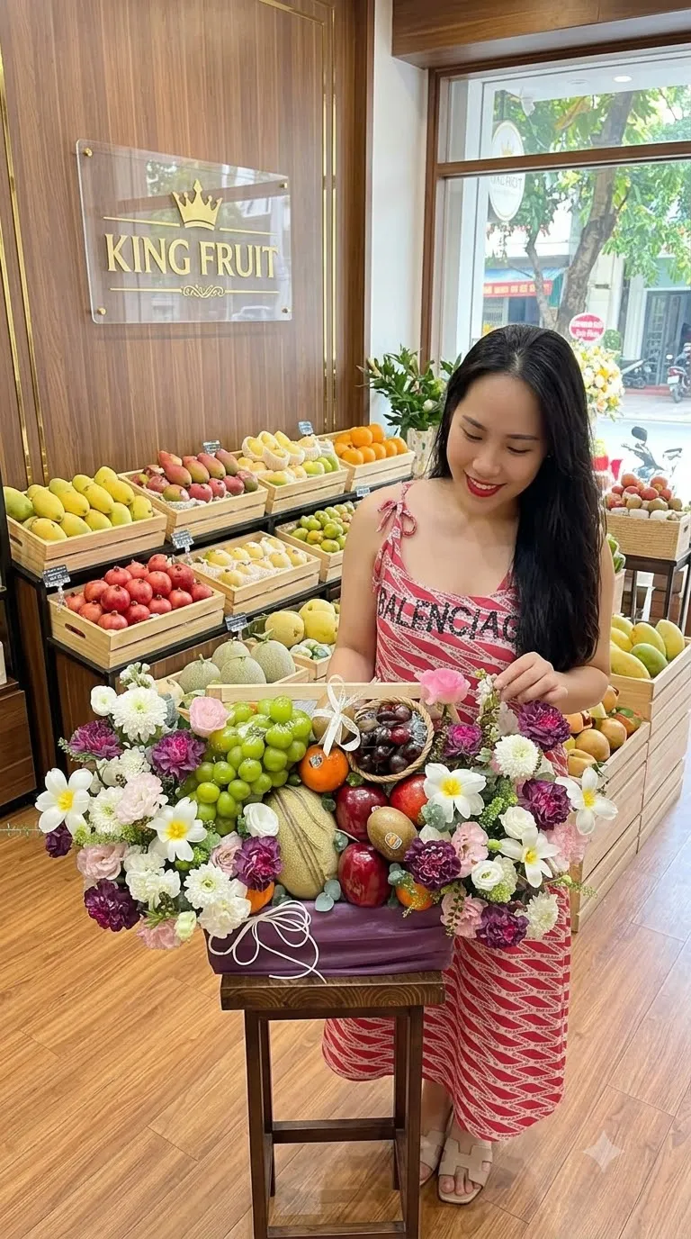 Nhân viên cắm giỏ hoa trái cây có nho xanh và mít tại cửa hàng King Fruit — King Fruit Thanh Xuân Hà Nội