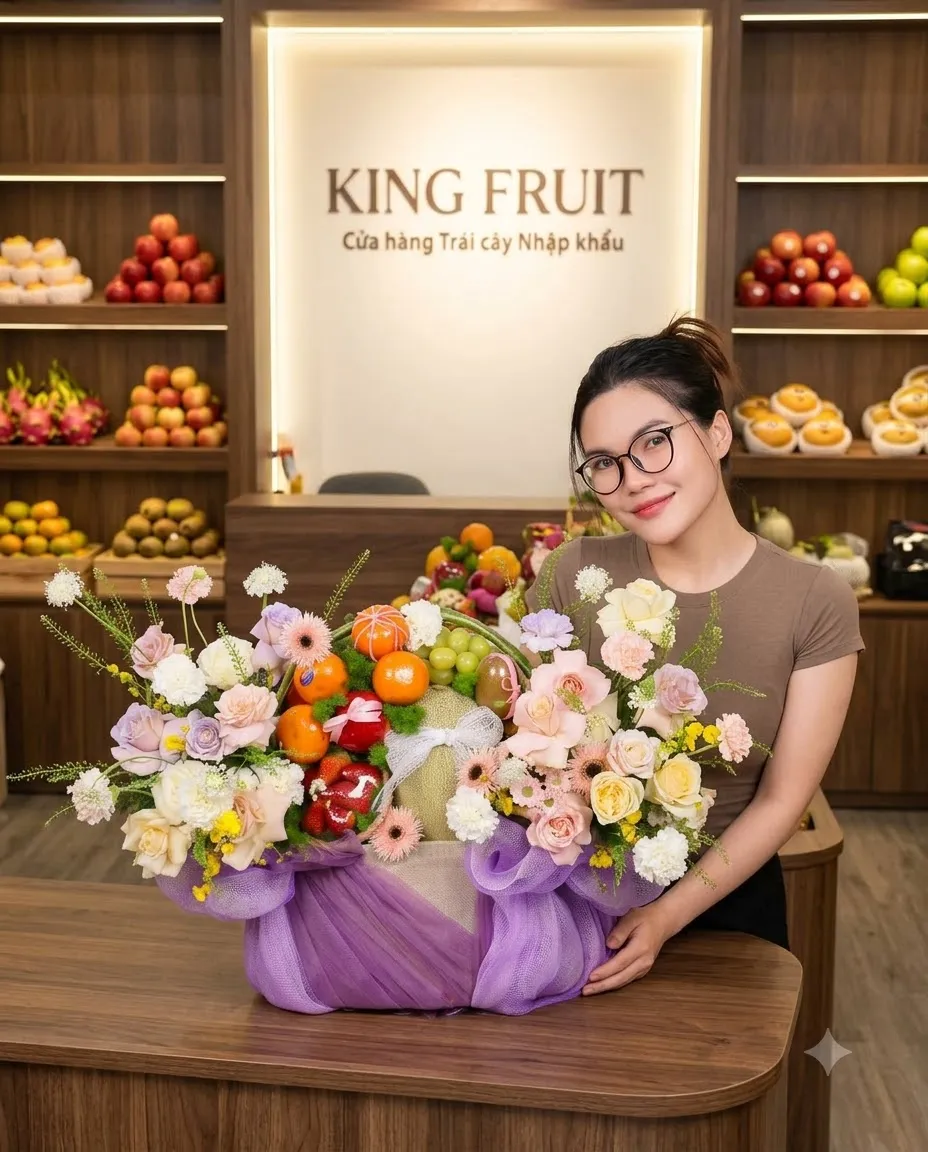 Nhân viên quỳ cạnh giỏ trái cây bọc vải tím tại cửa hàng King Fruit nhập khẩu — King Fruit Thủ Dầu Một, Bình Dương