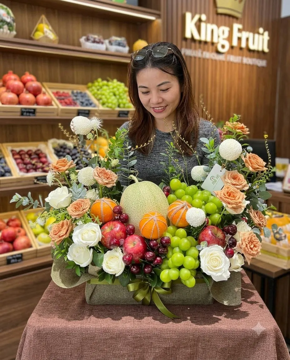 Nhân viên đứng cạnh giỏ trái cây có dưa lưới, cam và nho xanh tại King Fruit — King Fruit Trần Văn Thời, Cà Mau